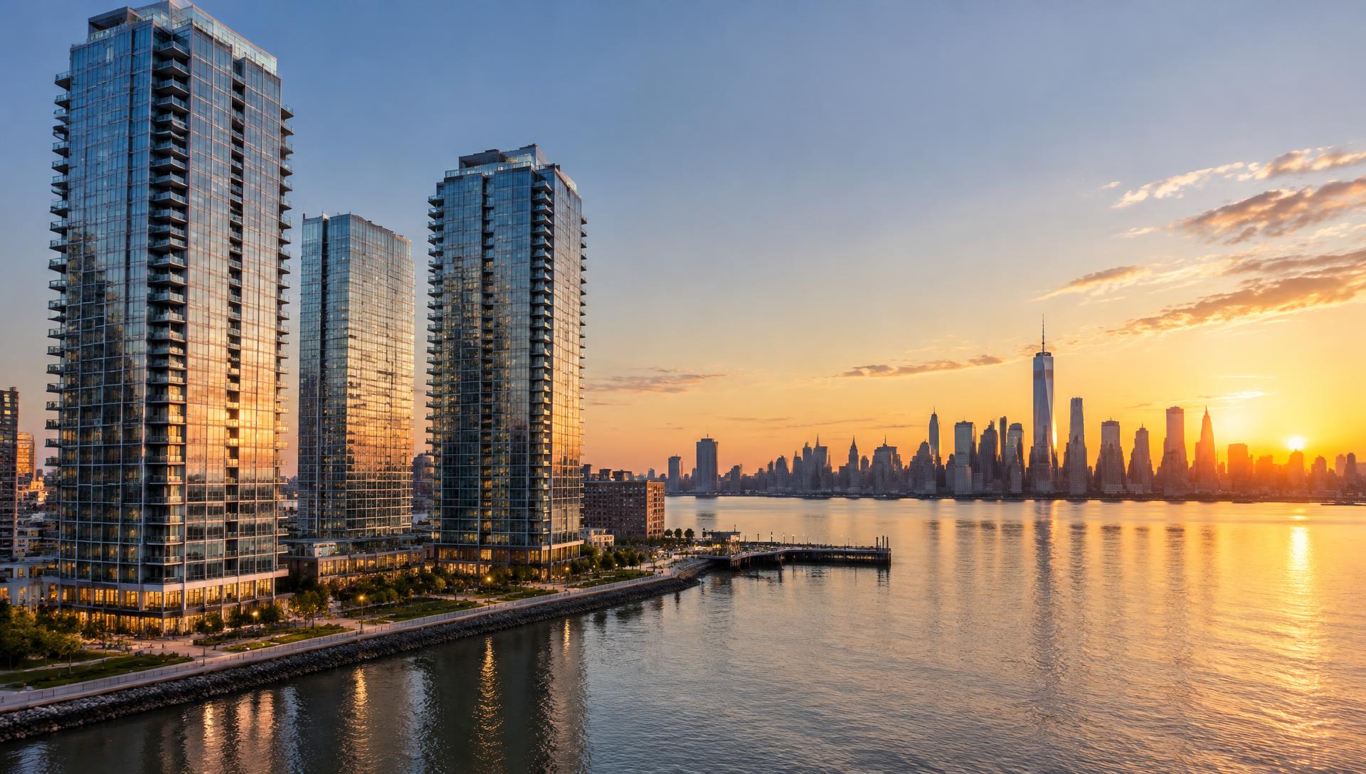 Jersey City waterfront high-rise towers on the Hudson River with the Manhattan skyline at golden hour