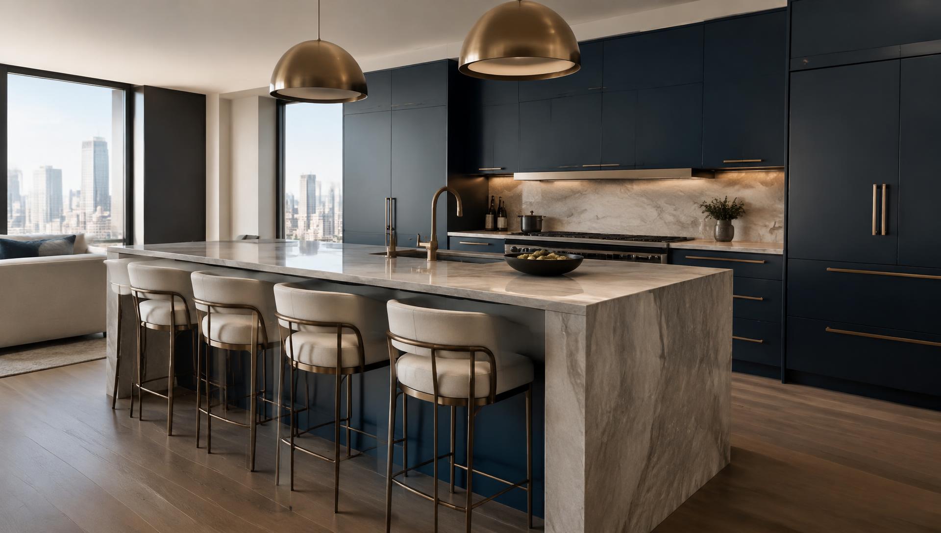 Designer kitchen with stone island, navy cabinetry and bronze pendants