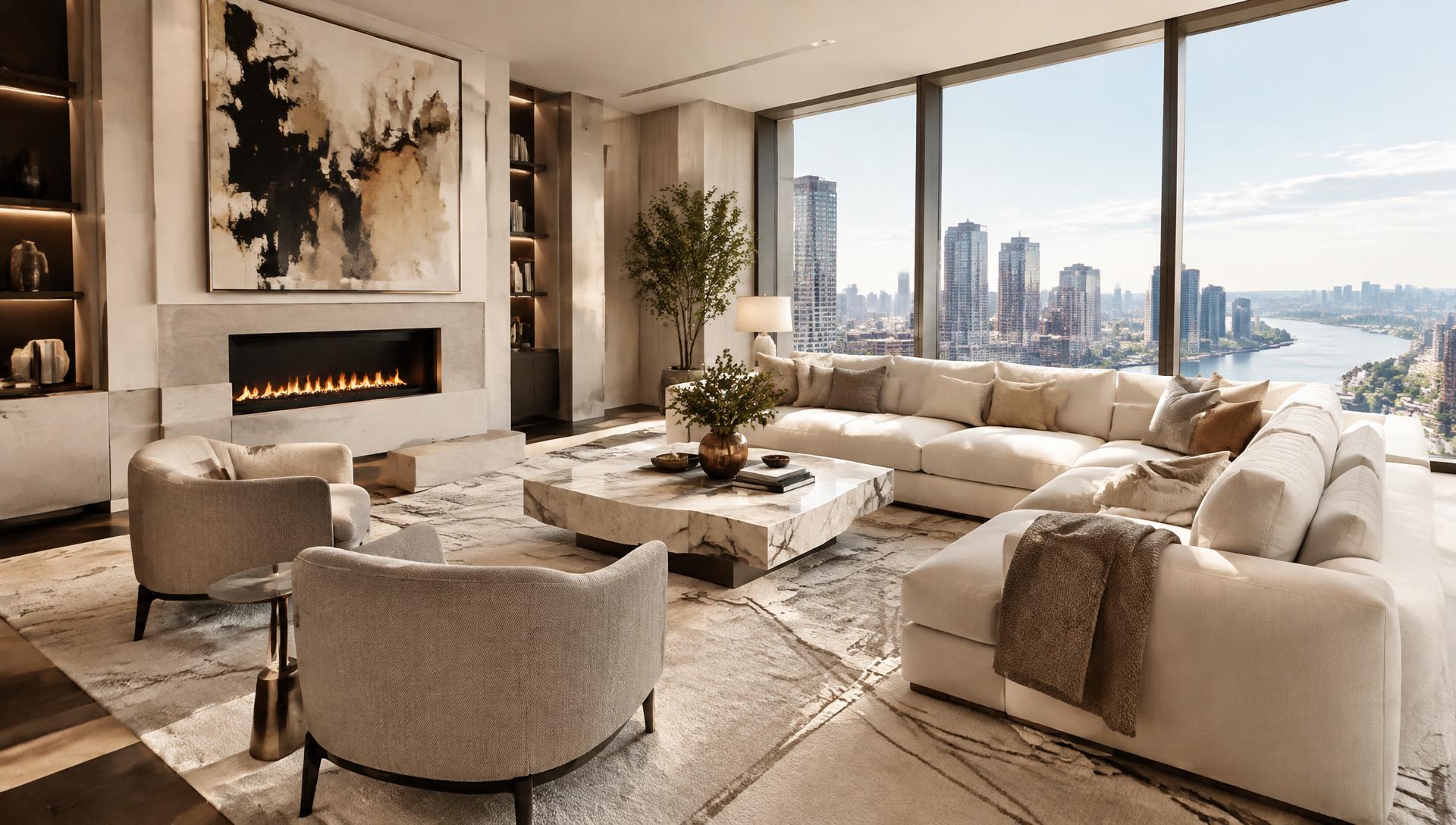Contemporary living room with marble coffee table, sectional and modern fireplace