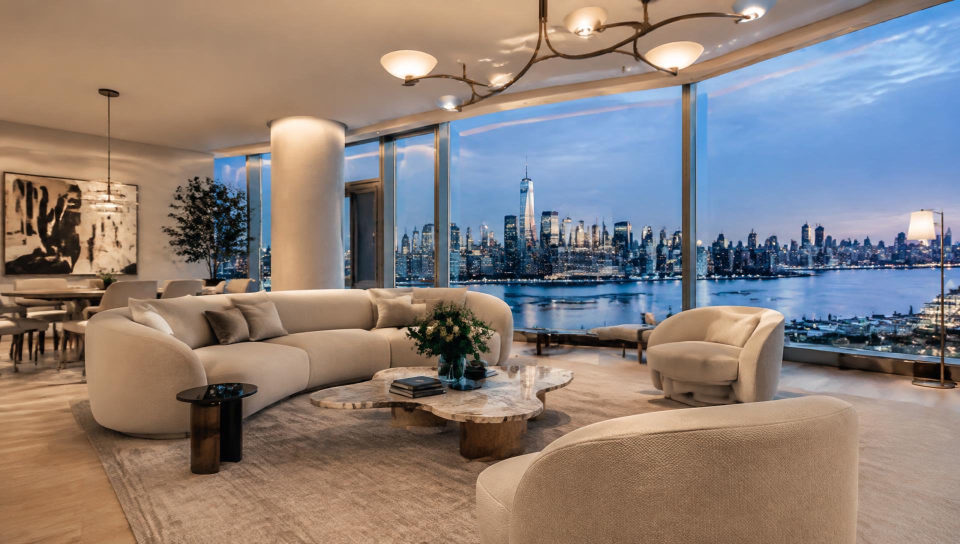 Waterfront penthouse with floor-to-ceiling windows and Manhattan skyline views
